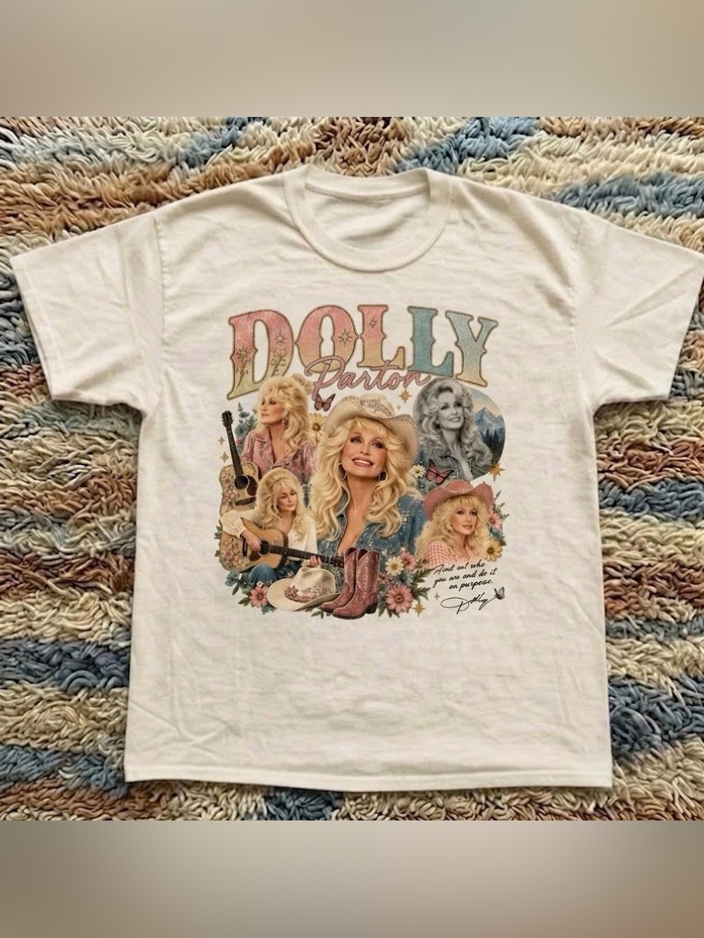 Vintage Cream Tee with Pastel Dolly Parton Collage Graphic